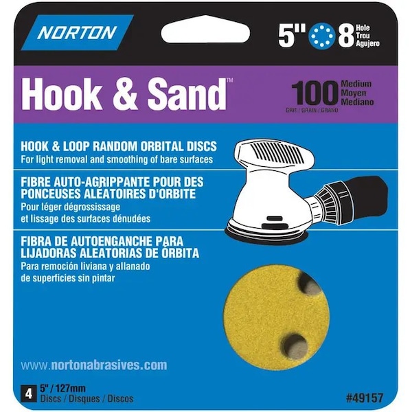 Norton Co 5" Hook & Sand 8-Hole Sanding Disc, P100-Grit, PK 4 49157